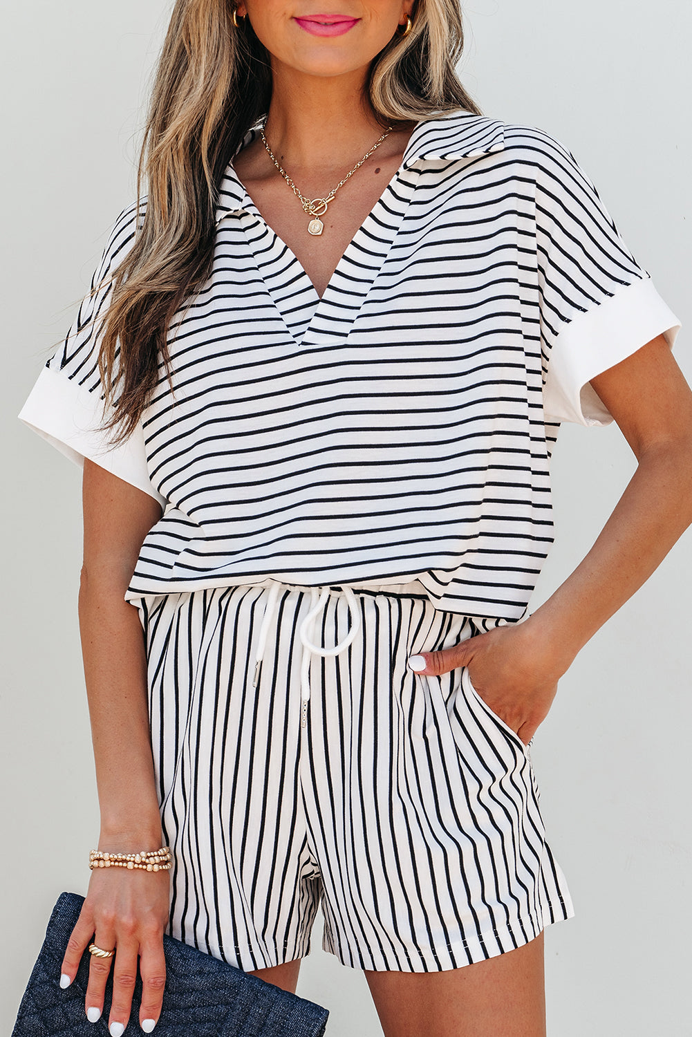 Women's Black Stripe V-Neck Tee and Casual Shorts Set