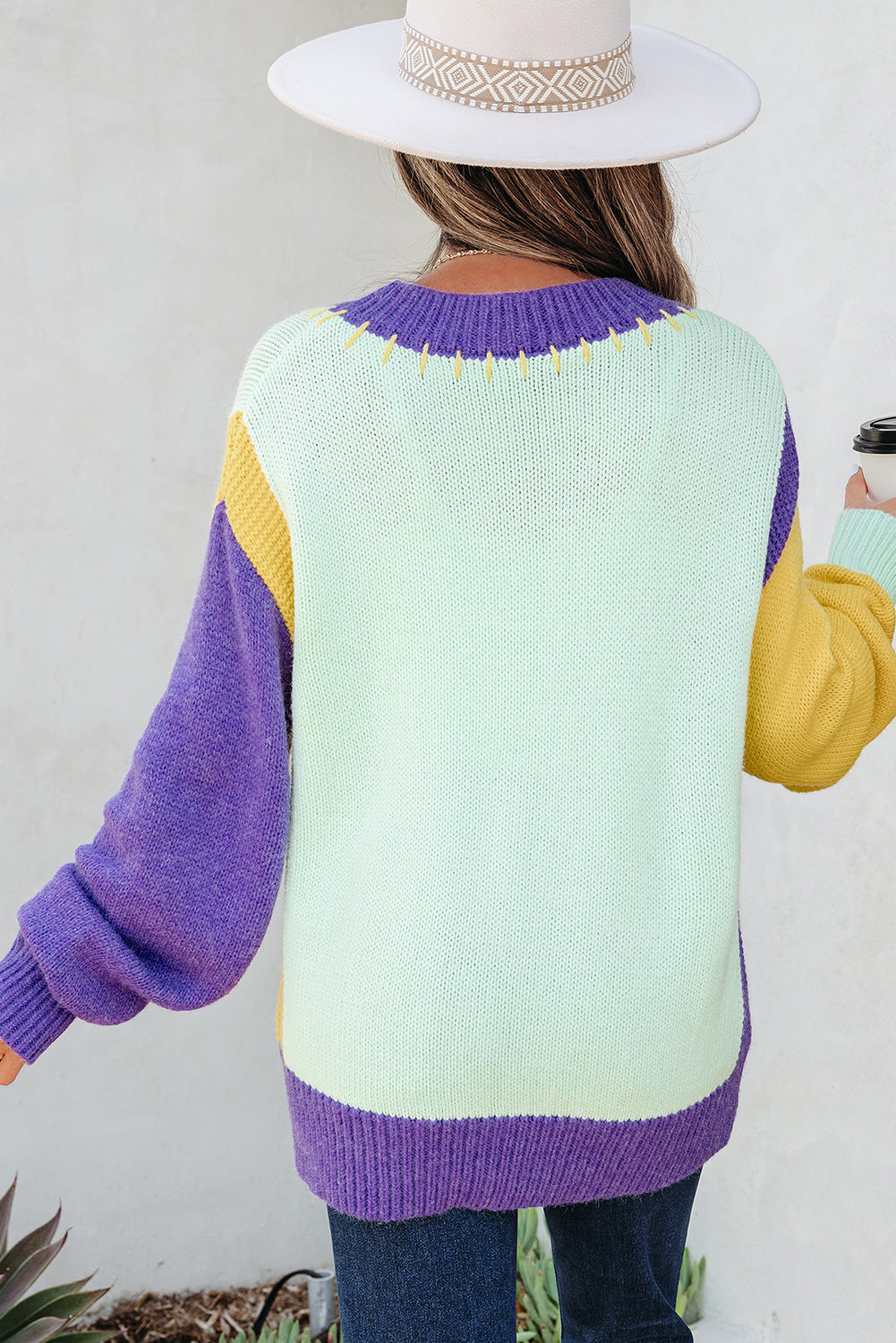 Green Stitched V Neck Color Block Knitted Drop Shoulder Sweater