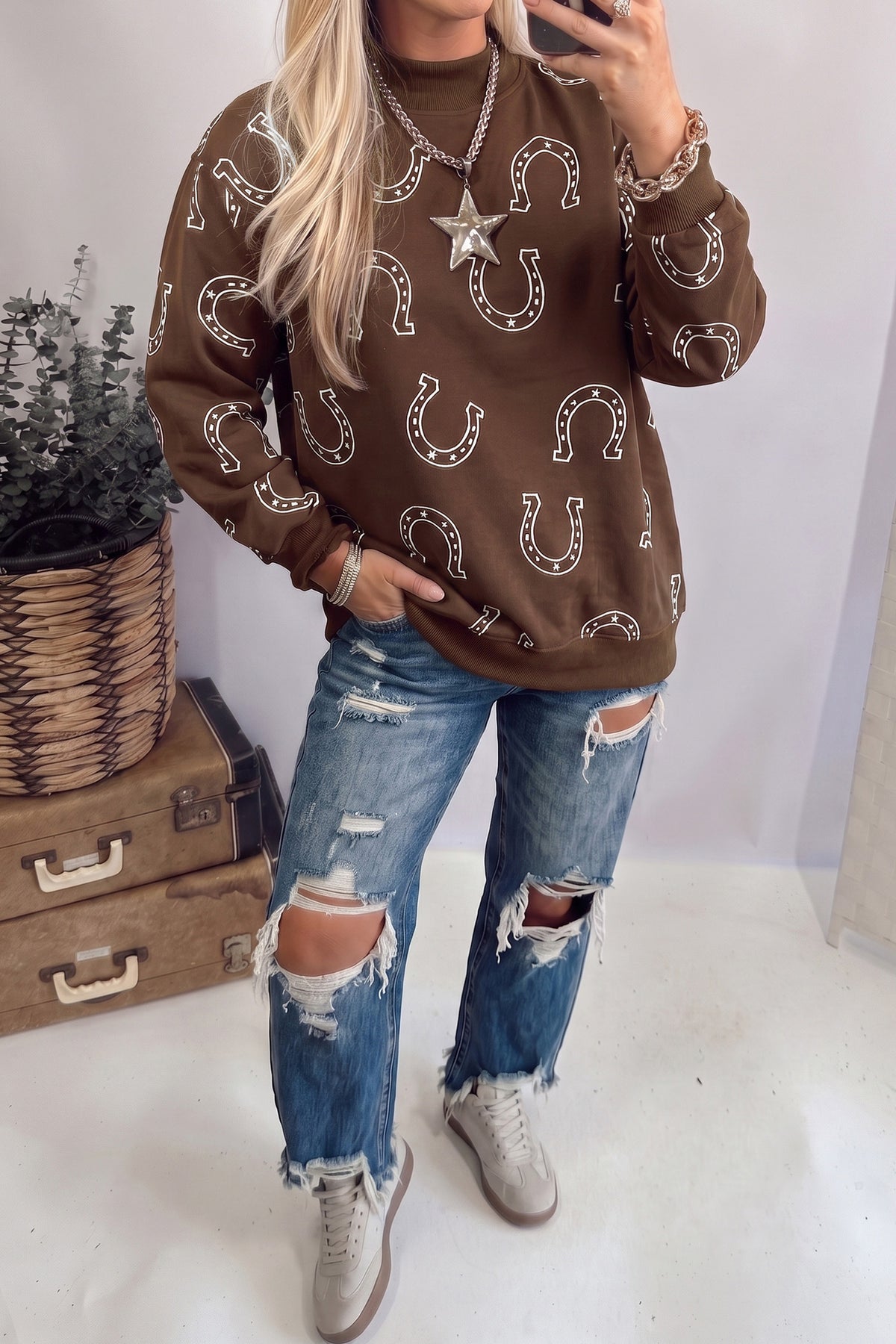 Blue Western Horseshoe Print Mock Neck Sweatshirt