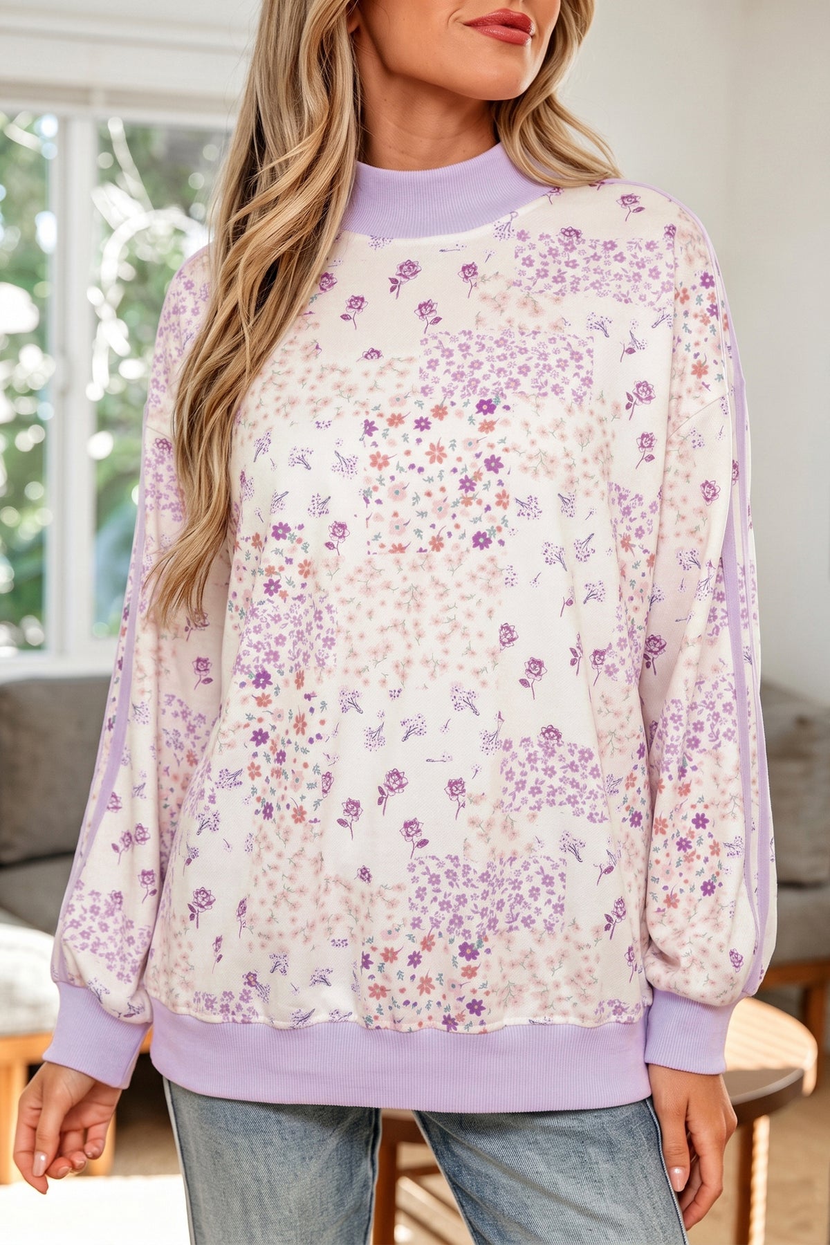 Purple Floral Print High Neck Sleeve Paneling Sweatshirt