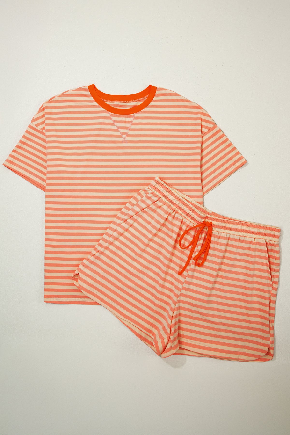 Pink Stripe Drop-Shoulder T Shirt and Shorts Plus Size Summer Set