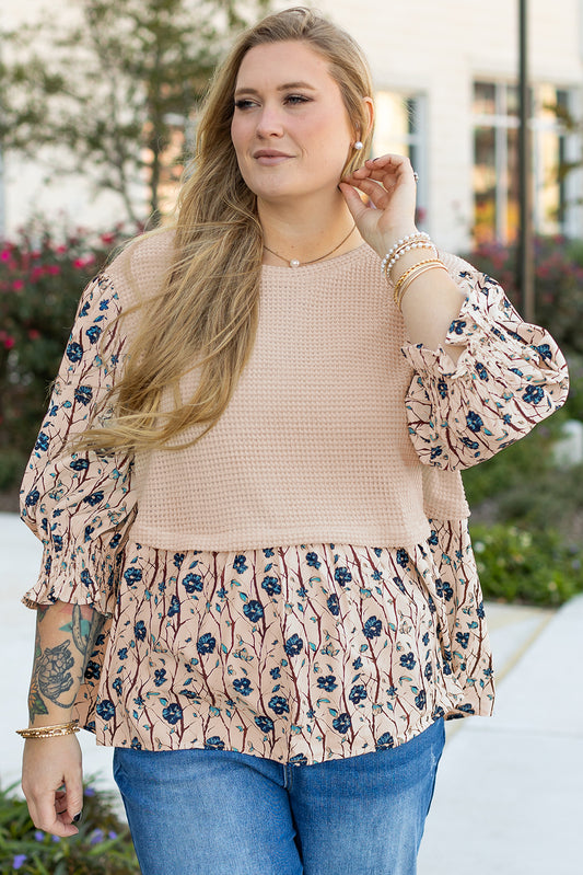 Beige Faux Two Piece Knit Floral Print Plus Size Top
