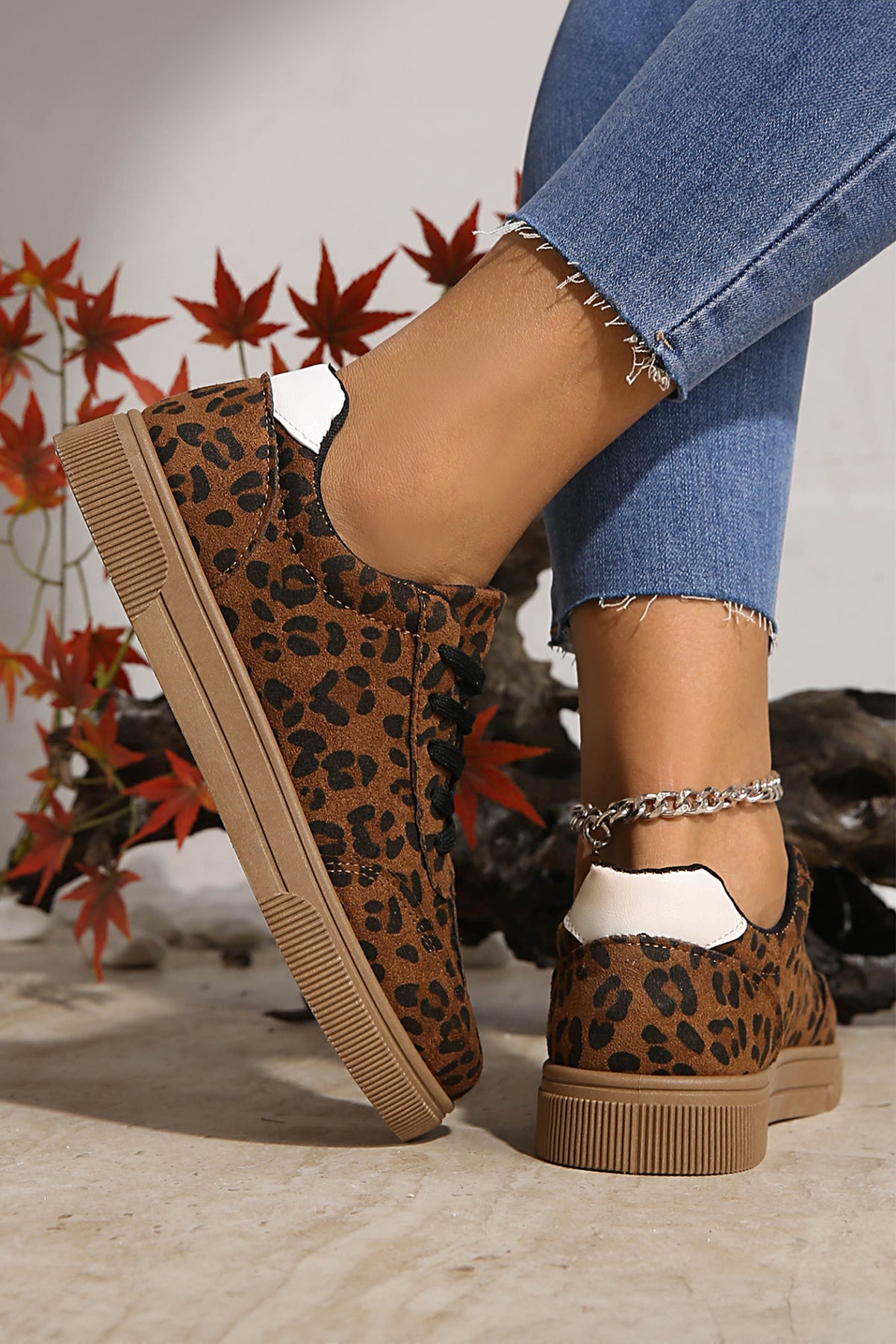 Coffee Leopard Patchwork Lace-Up Sneakers