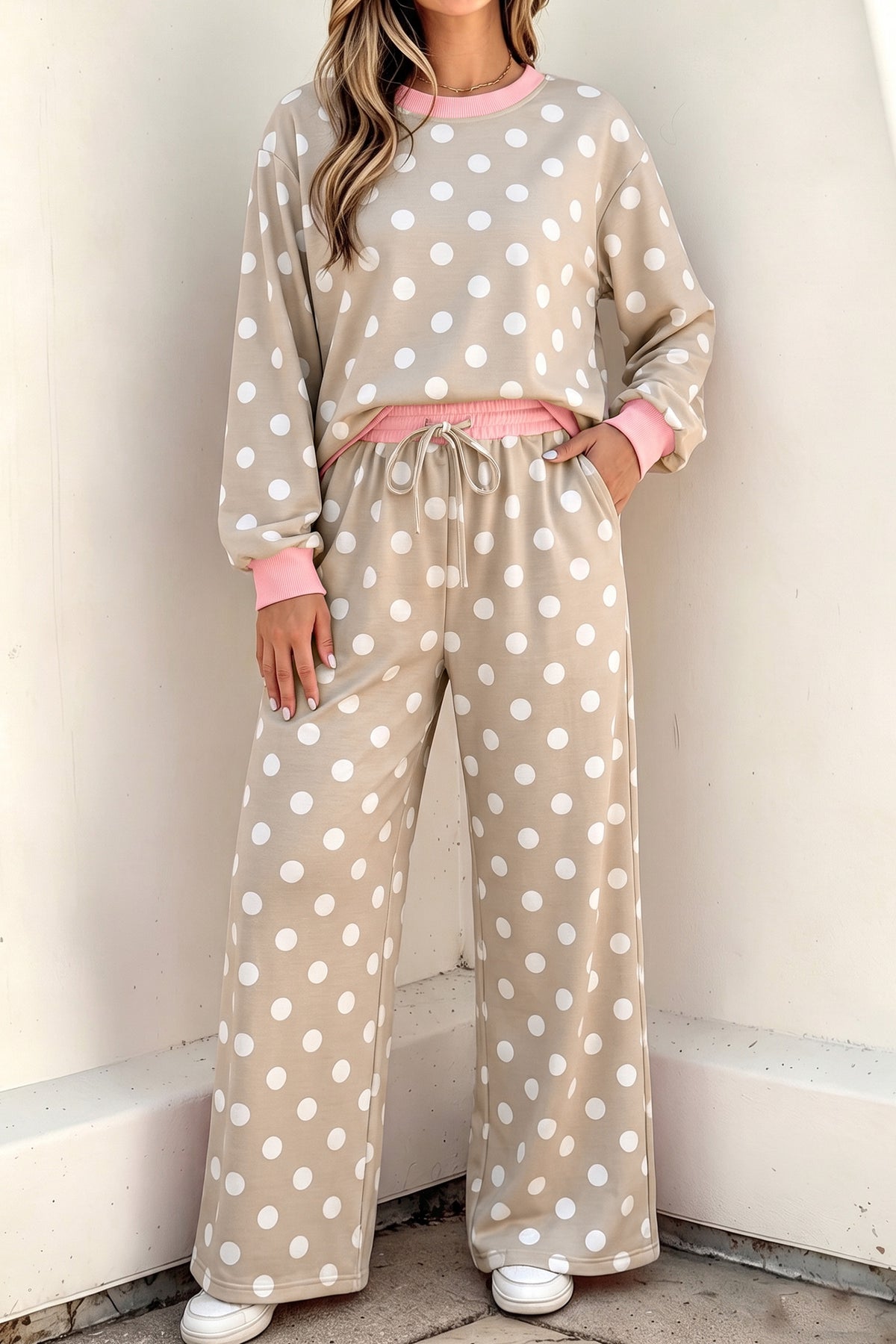 Women's Sky Blue Polka Dot Contrast Trim Long-Sleeve Top Drawstring Shift Pants Set