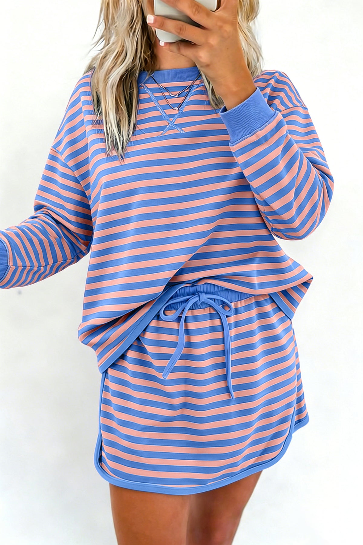 Women's Blue Stripe Long-Sleeve Relaxed Pullover Mini Skort Two-Piece Set