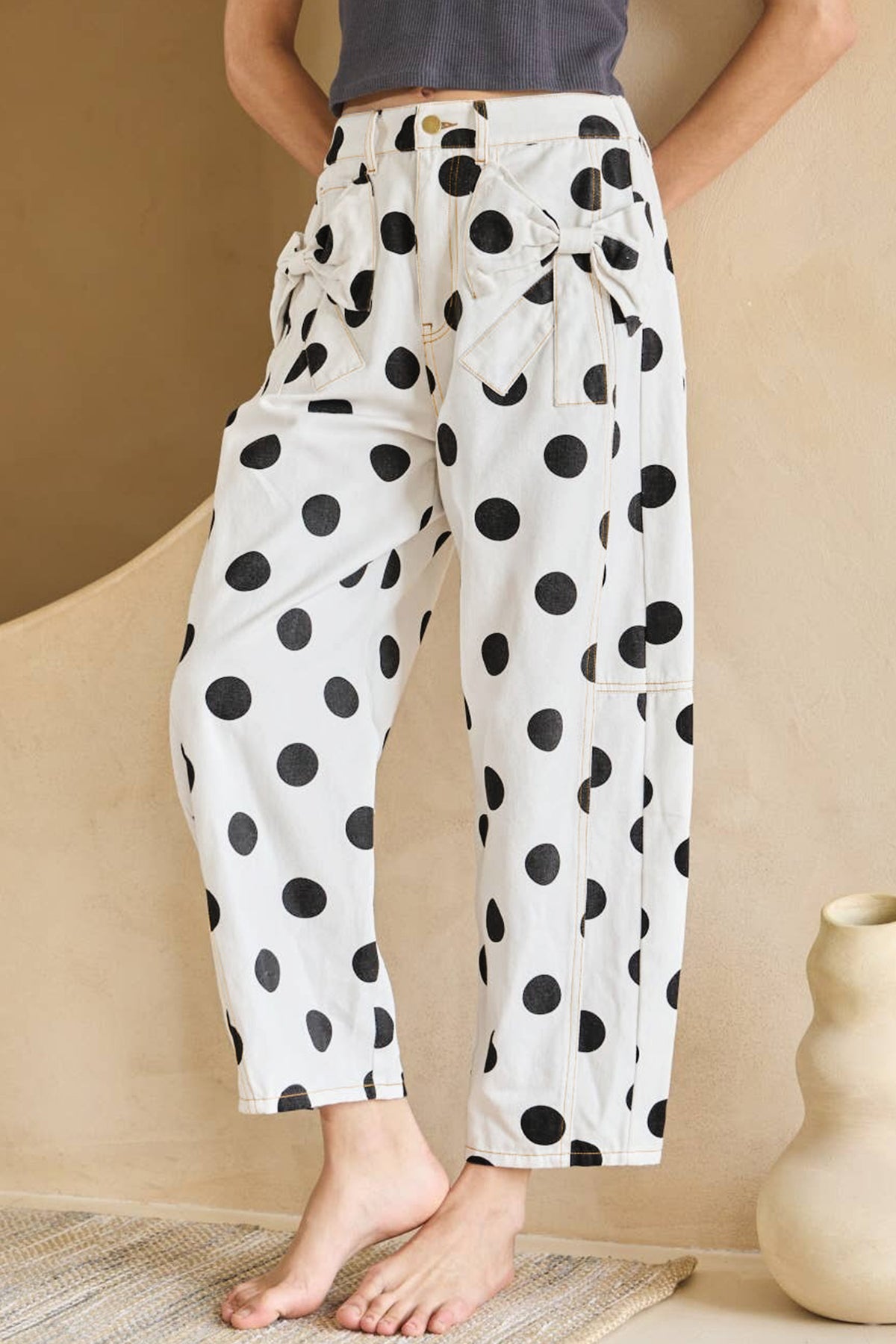 Sky Blue Polka Dot Print Bow Pocketed Barrel Jeans