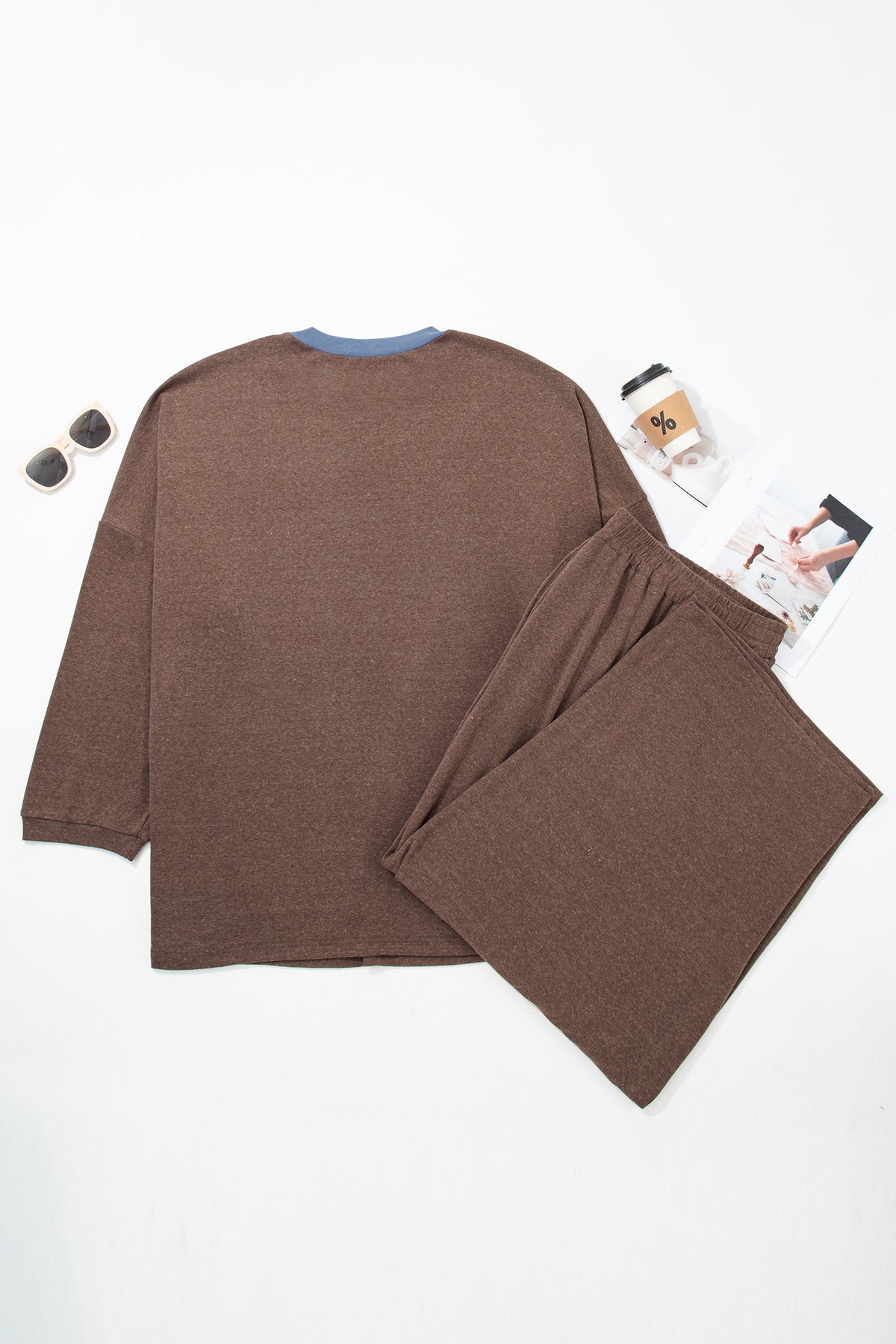 Dark Brown Long-Sleeve Round-Neck Patchwork Color-Block Plus Size Set