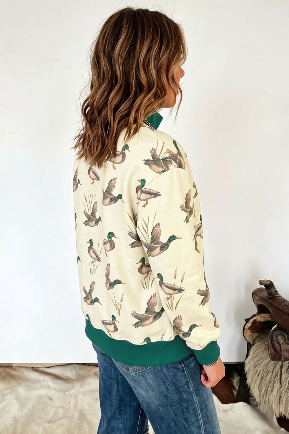 Multicolour Mallard Print Colorblock High Neck Sweatshirt