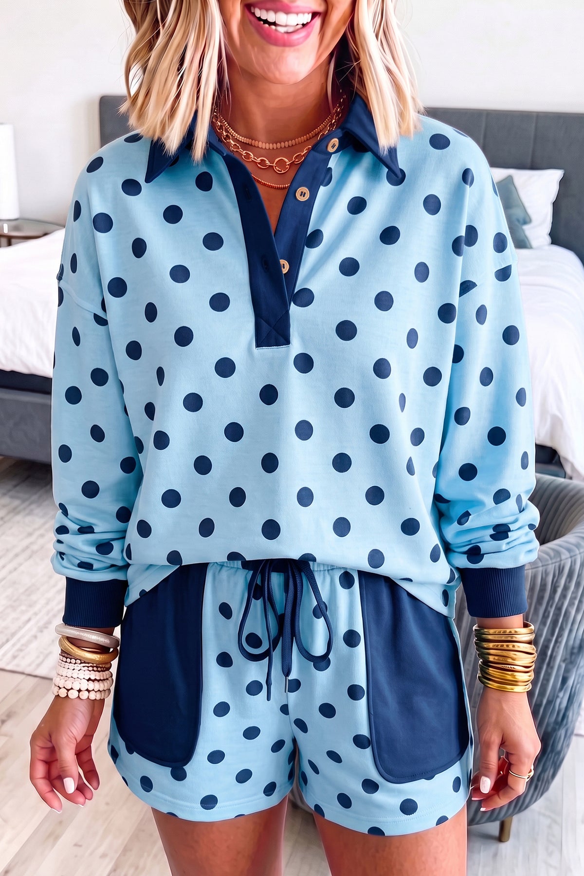 Women's Sky Blue Polka Dot Drop Shoulder Polo Loose Pullover Patch Pocket Casual Shorts Set