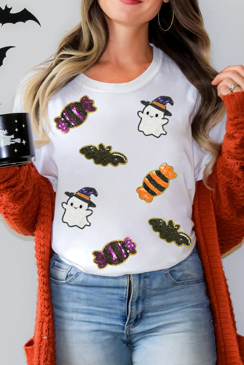 White Sequined Halloween Spirit Pattern Patched Custom Casual Tee