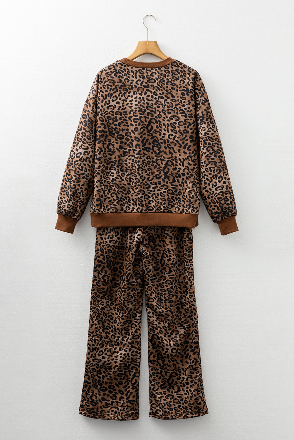 Women's Coffee Leopard Print Contrast Trim Long-Sleeve Top & Pants Set