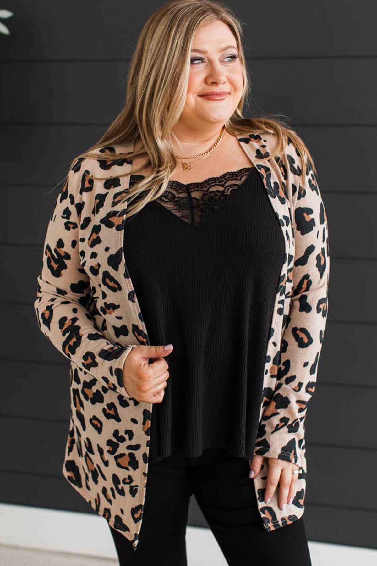 Khaki Leopard Print Long-Sleeve V-Neck Tunic Plus Size Cardigan