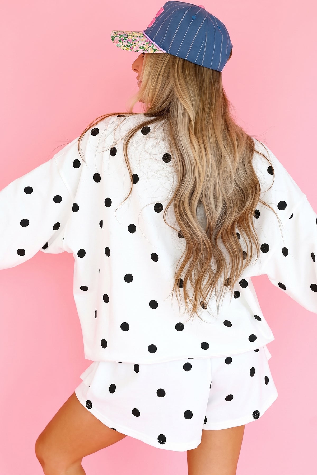 Women's Red Polka Dot Raw Hem Relaxed Pullover Loose Skort Two-Piece Set