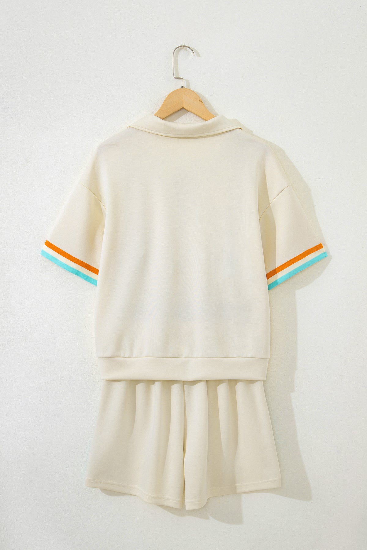 Women's Apricot Colorful Striped Detail Half Zip Polo Tee Shorts Set