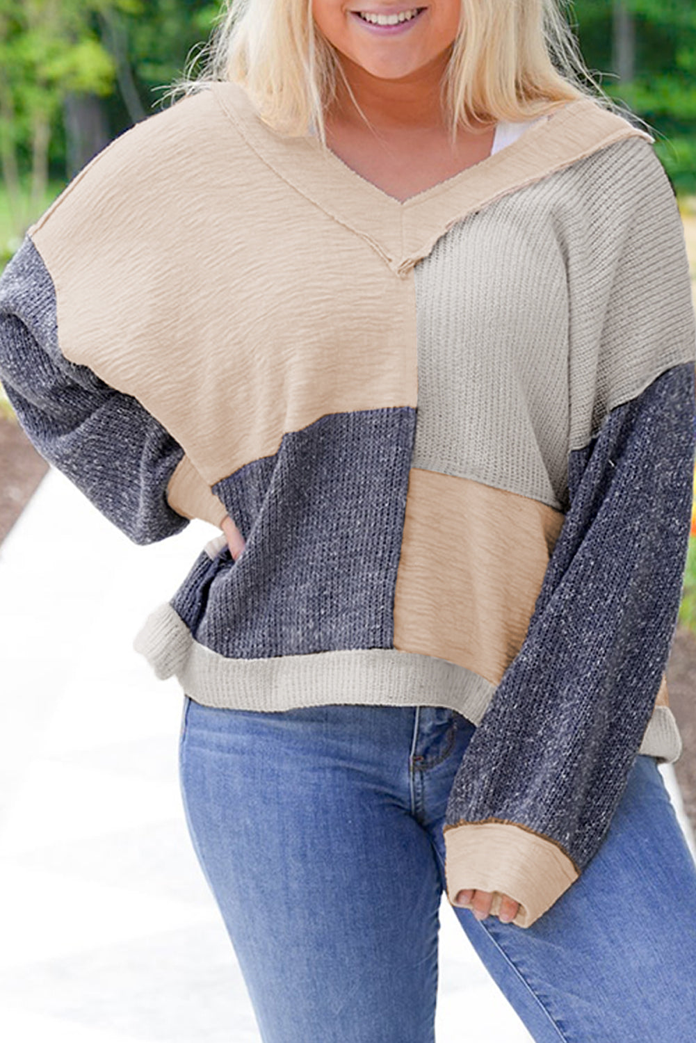 Ashleigh Blue Plus Size Textured Color-Block Patchwork V-Neck Top