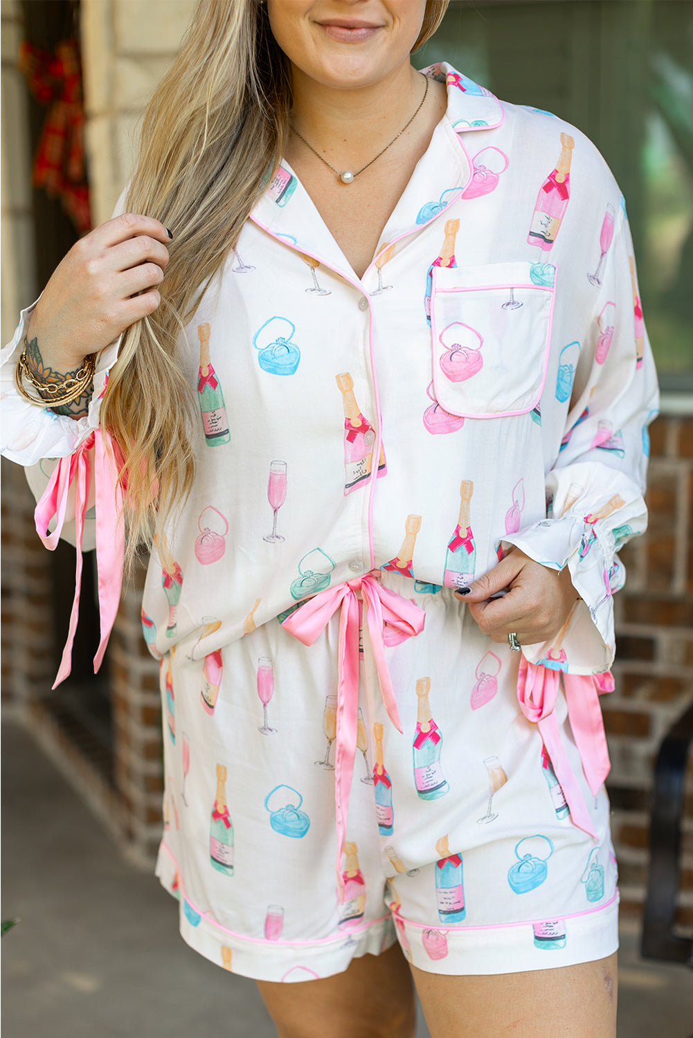 White Plus Size Wine Glass Print Bow-Knot Pajama Set