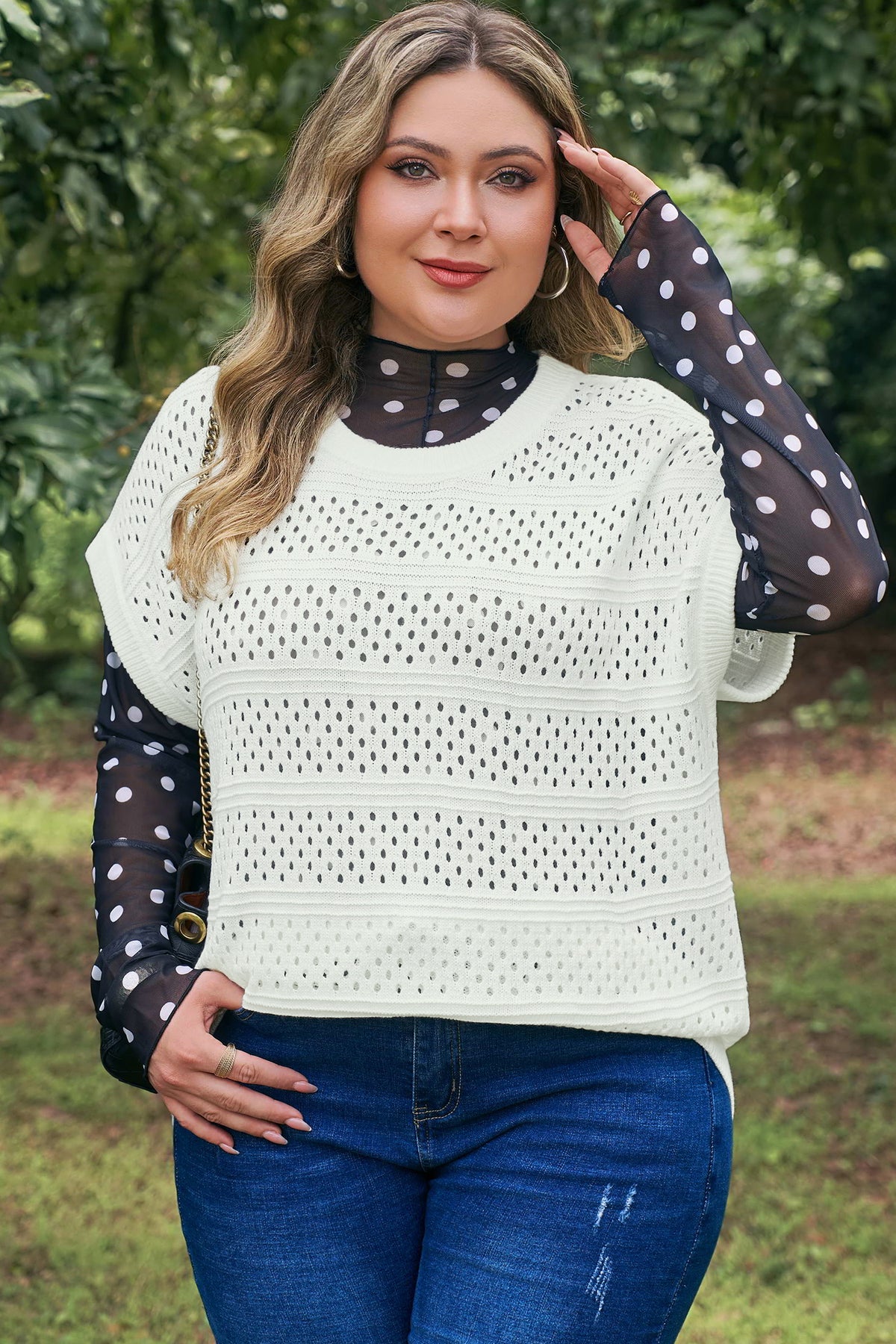 White Plus Size Eyelet Hollow Out Knit Ribbed Trim Short-Sleeve Dolman Sweater