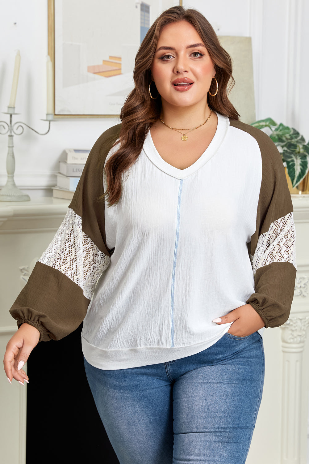 Green Color-Block Lace Patchwork Balloon Sleeve V-Neck Plus Size Blouse