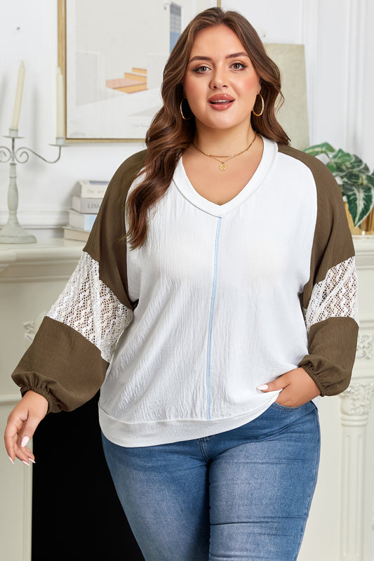 Green Lace Balloon Sleeve V-Neck Plus Size Blouse