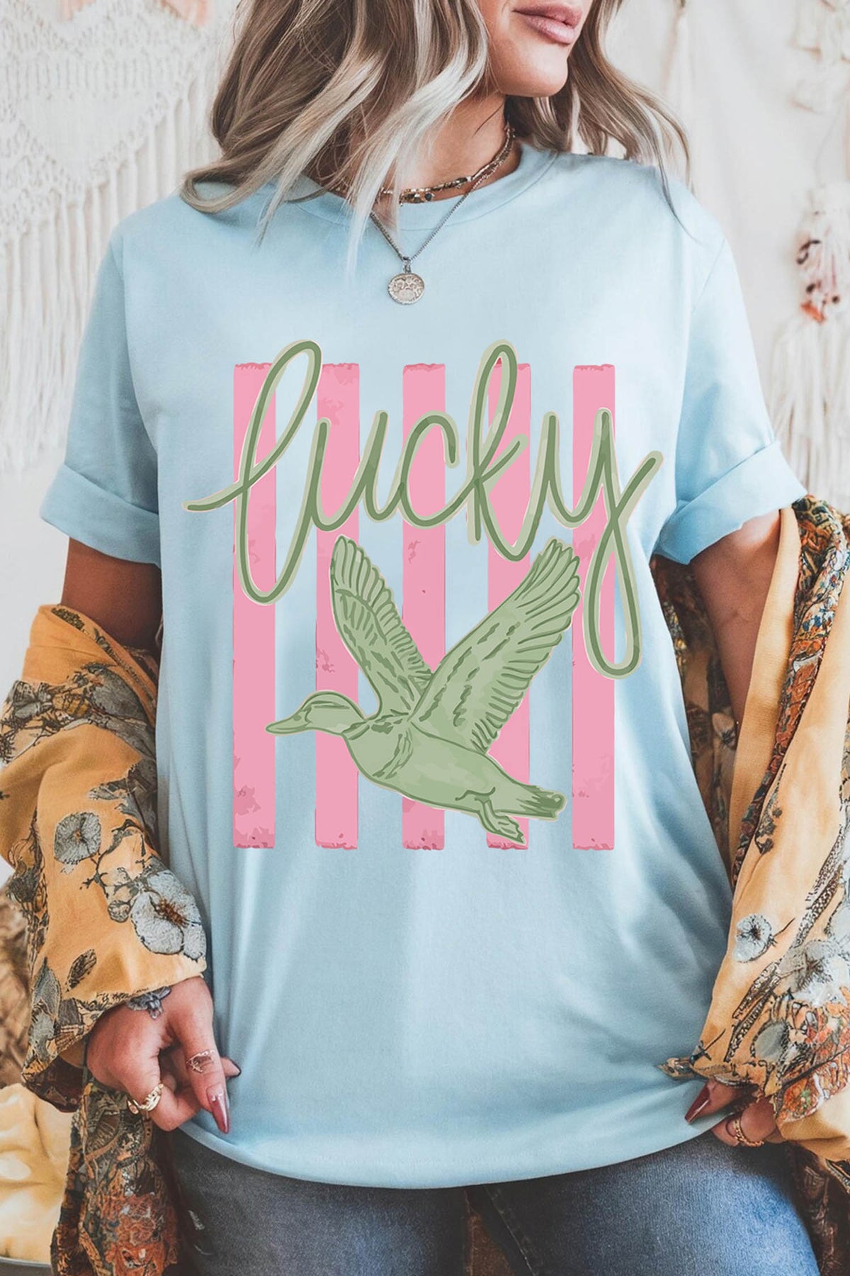 Light Blue Lucky Duck Print Casual Round Neck T-Shirt