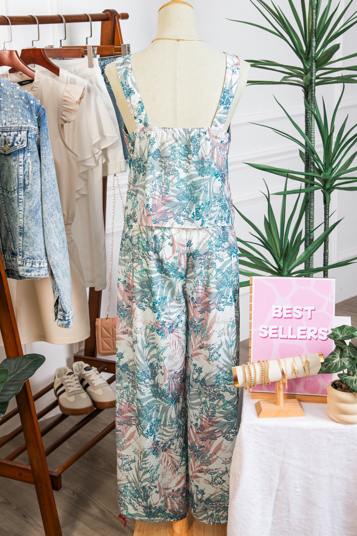 Women's Green Tropical Palm Printed Cropped Tank Wide Leg Pants Two-Piece Set