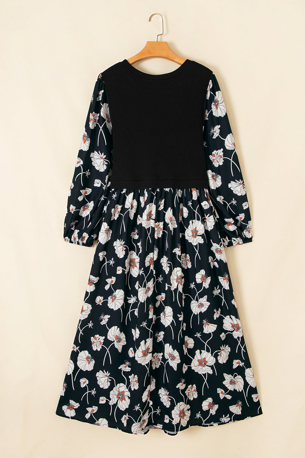 Black Floral Print Long-Sleeve Round-Neck Shift Plus Size Dress