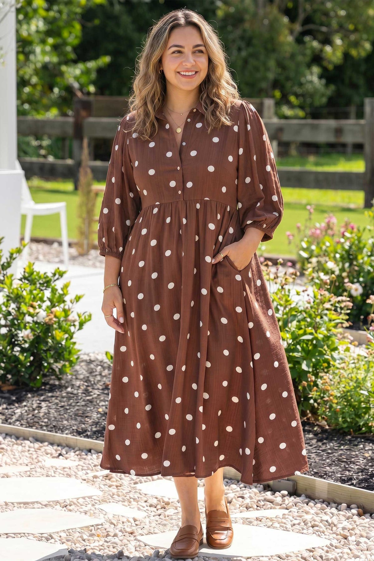 Brown Polka Dot V-Neck Abdomen Pocket Gathered Cuffs Long-Sleeve Shift Plus Size Dress