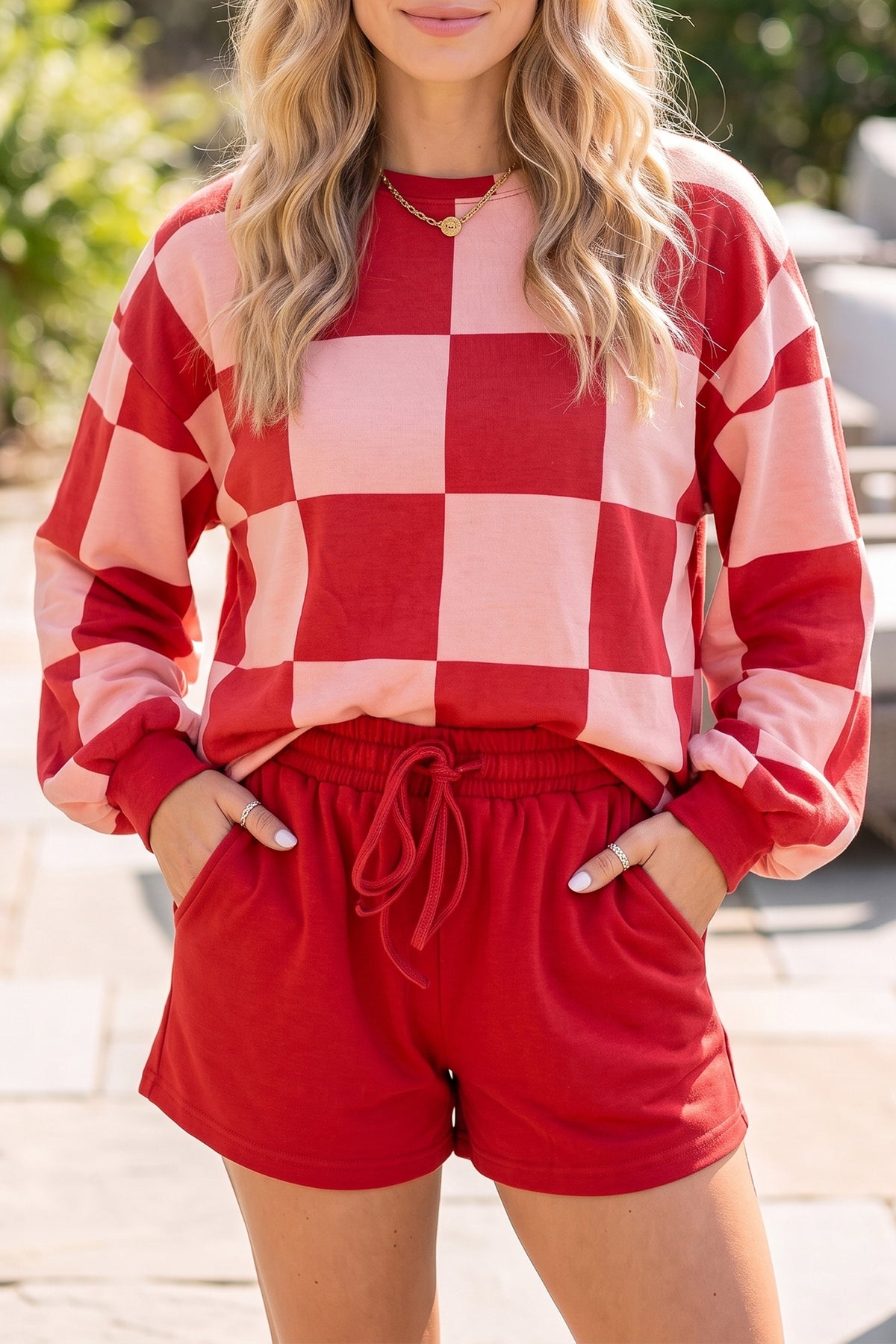 Women's Black Checkerboard Plaid Long-Sleeve Shorts Two-Piece Set