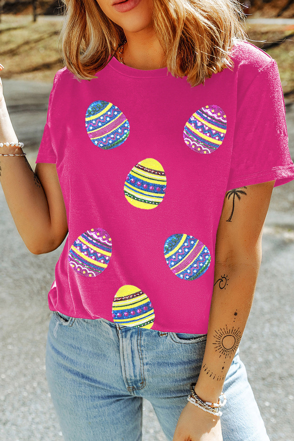 Rose Red Sequin Easter Egg Graphic Casual T-Shirt