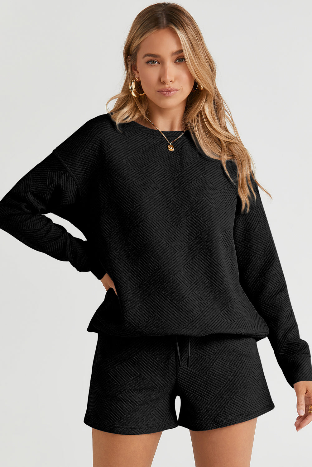 Women's Black Textured Long-Sleeve Top & Shorts Set