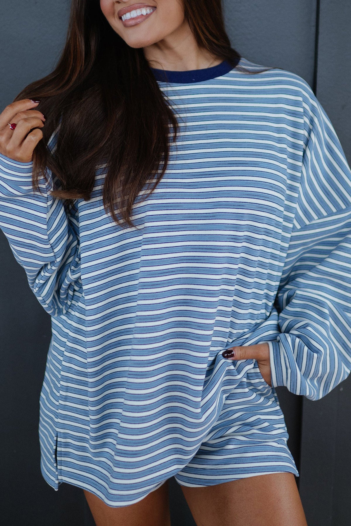 Women's Sky Blue Stripe Long-Sleeve Oversized Top Pocketed Casual Shorts Two-Piece Set