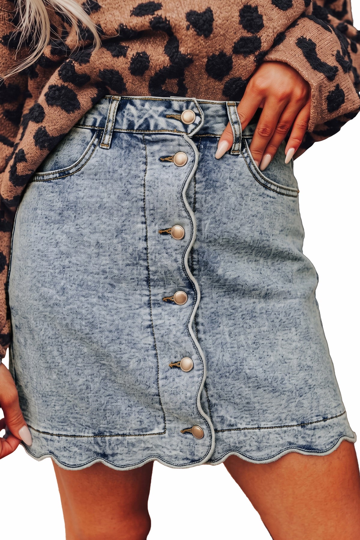 Myosotis Blue Scalloped Button Front Denim Skirt