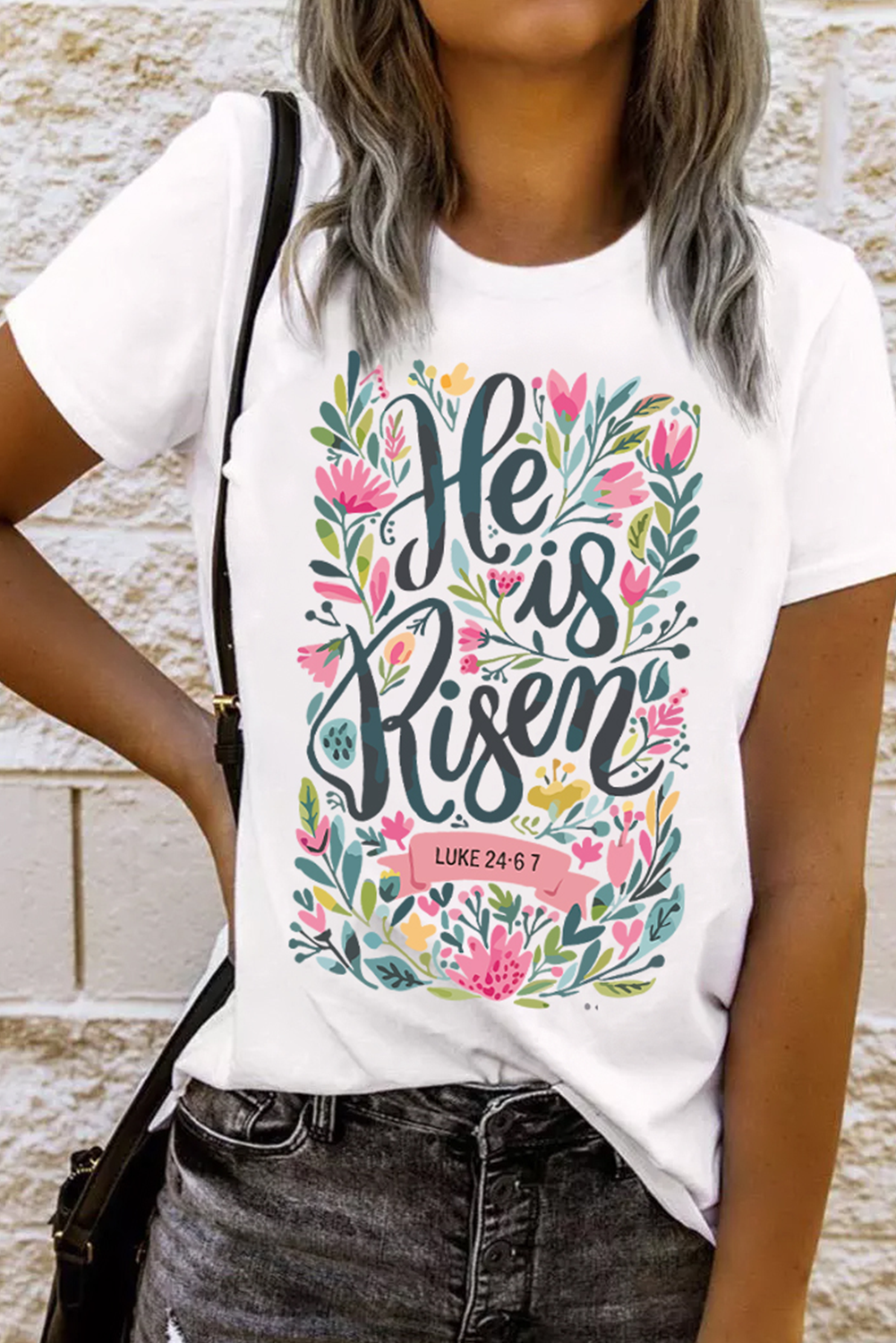 White He is Risen Floral Printed T-Shirt