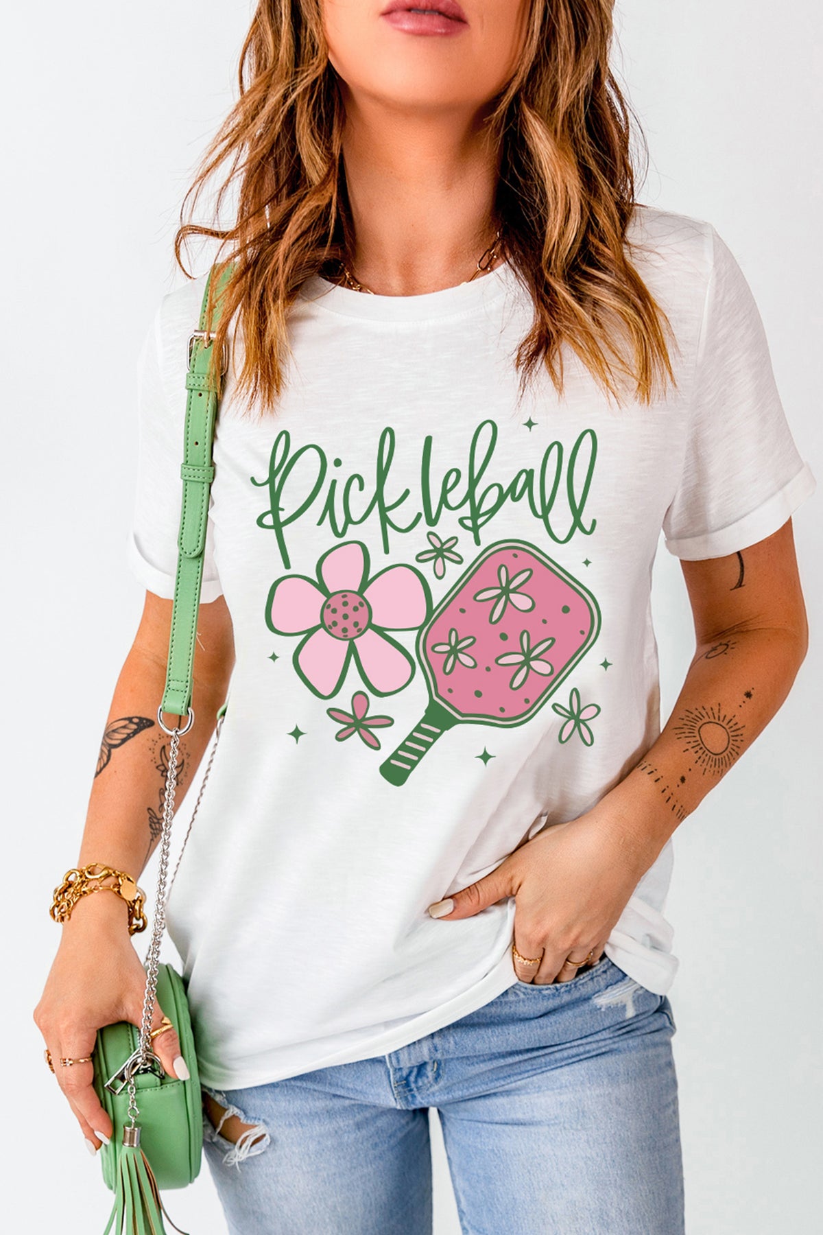 White Pickleball Sweet Flower Printed T-Shirt