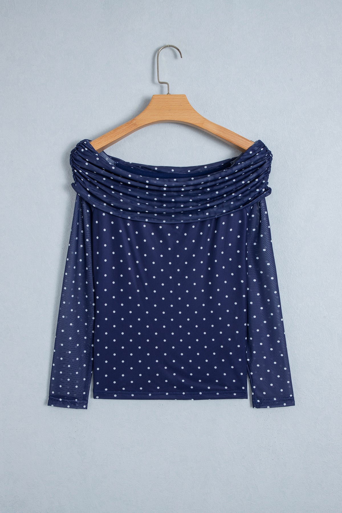 Blue Off Shoulder Polka Dot Mesh Sheath Top