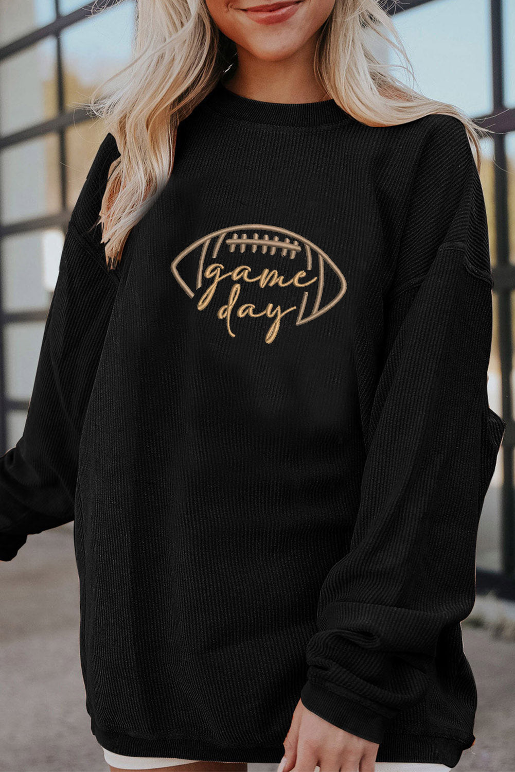 Apricot Rugby Game Day Embroidered Corduroy Sweatshirt