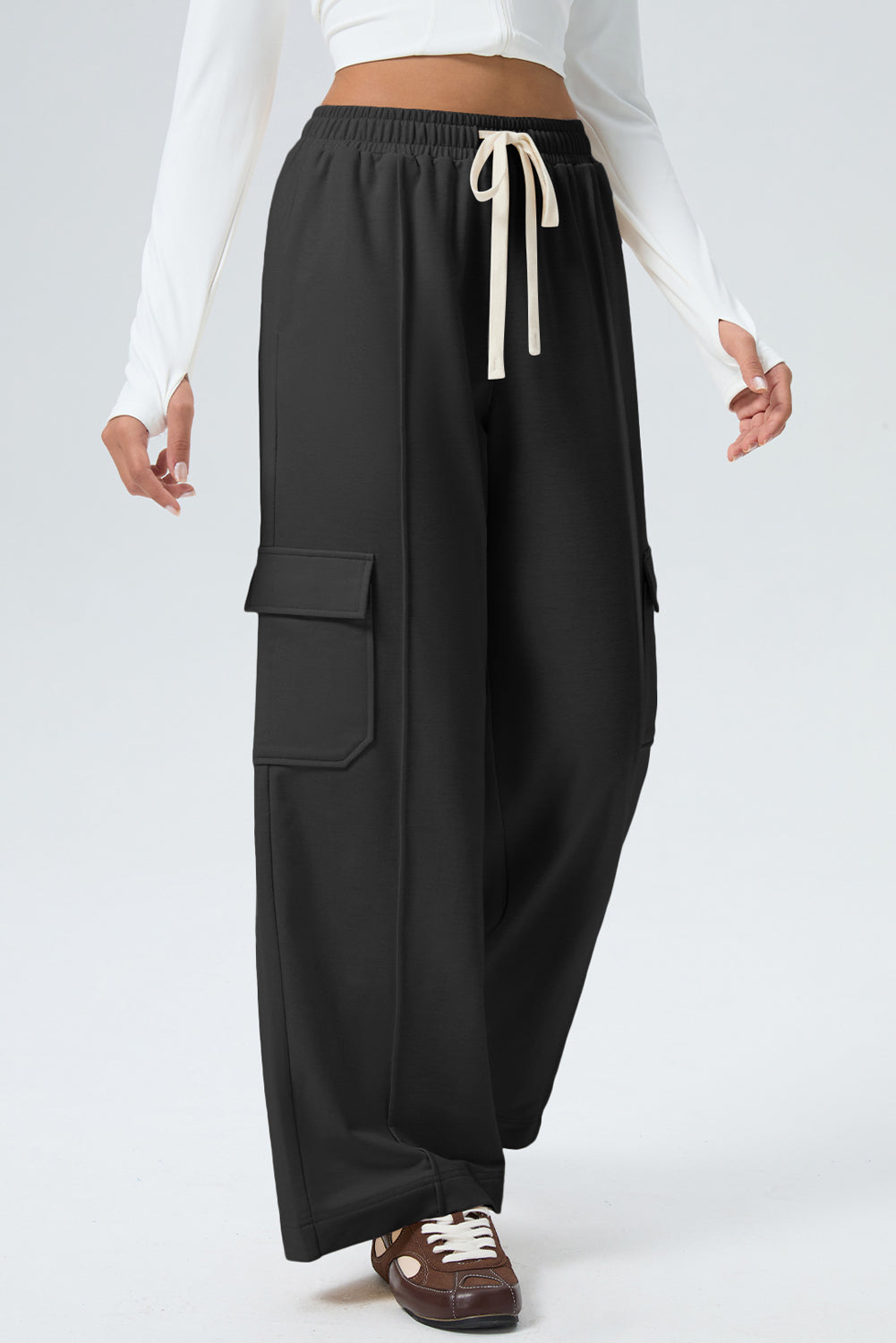 Black Solid Drawstring Elastic Waist Cargo Patch Pocket Active Pants