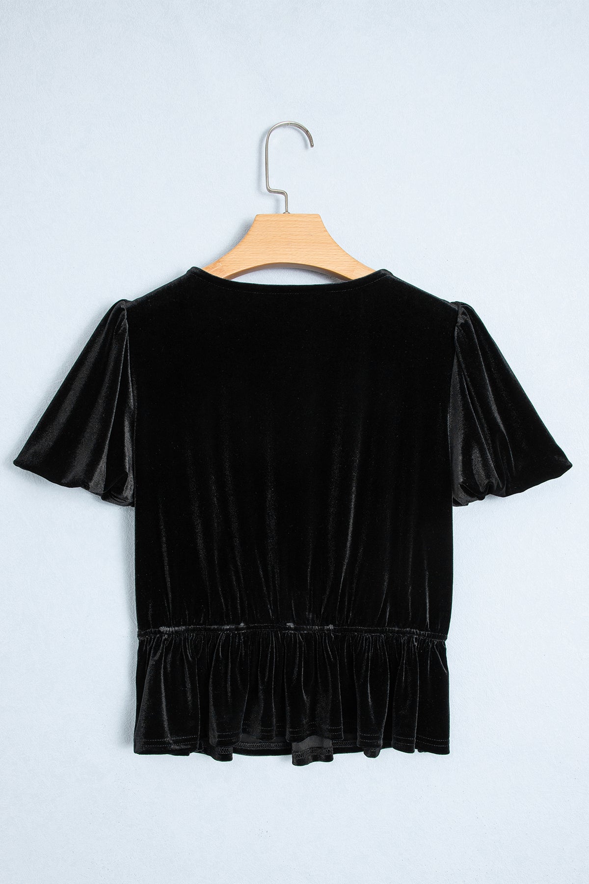 Black V Neck Bow Decoration Peplum Hem Short Sleeve Blouse