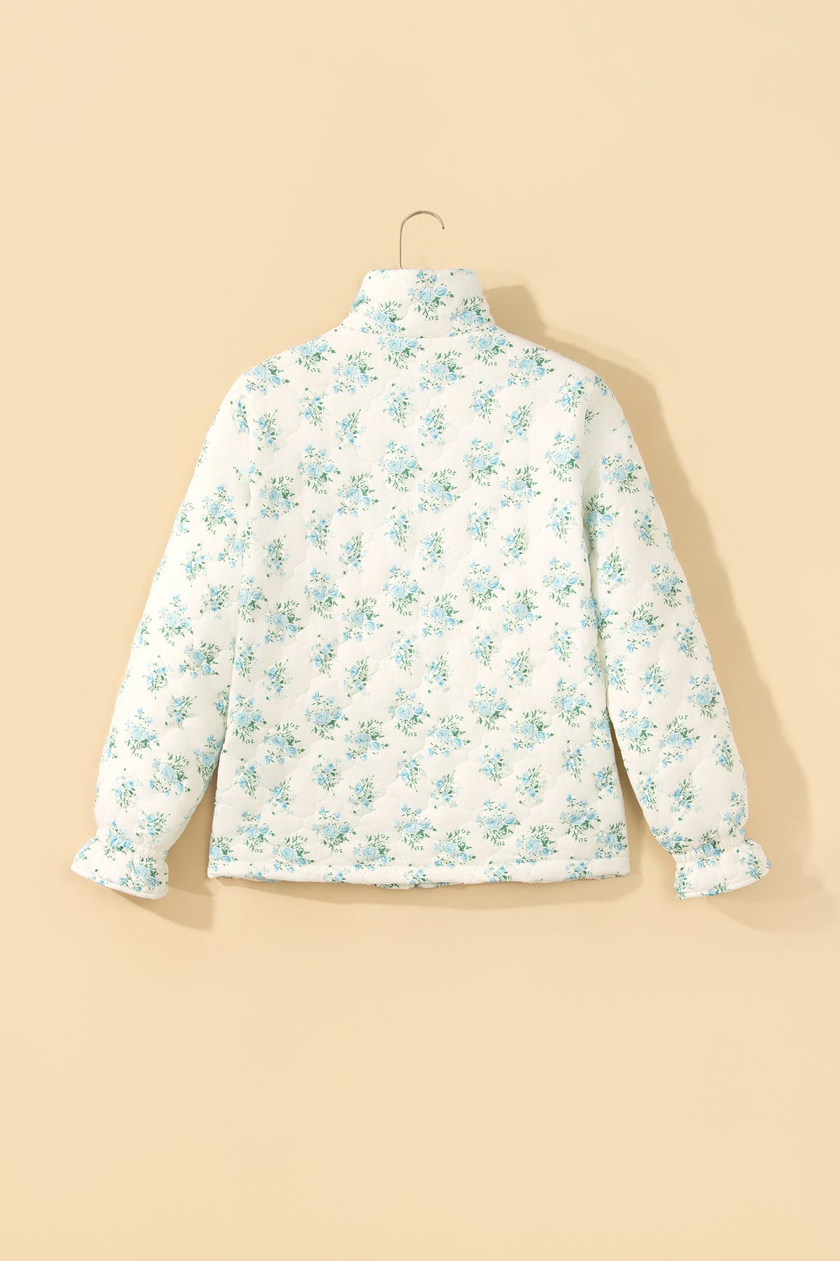 Sky Blue Floral Quilted Flounce Sleeve Puffer Coat