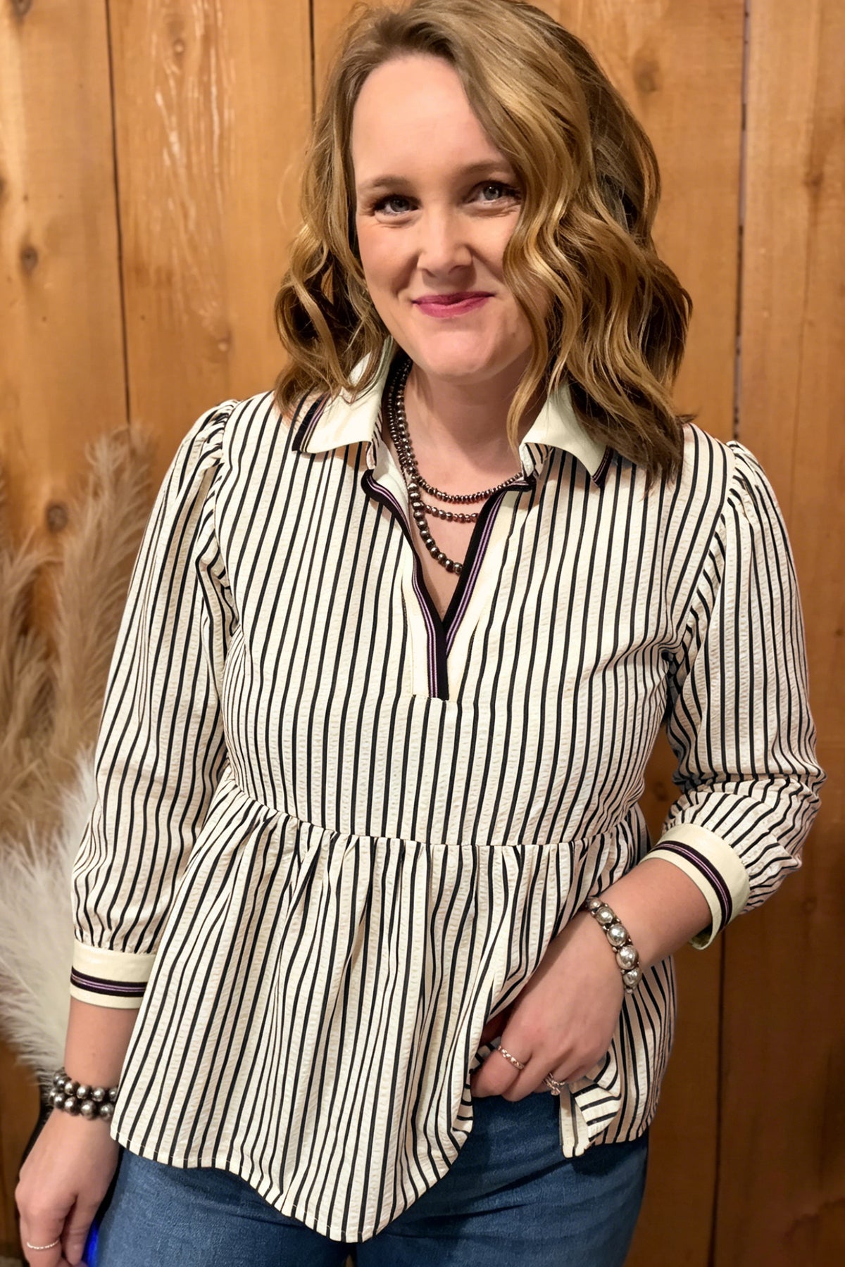 Black Stripe Patchwork Striped V-Neck Tunic Plus Size Blouse