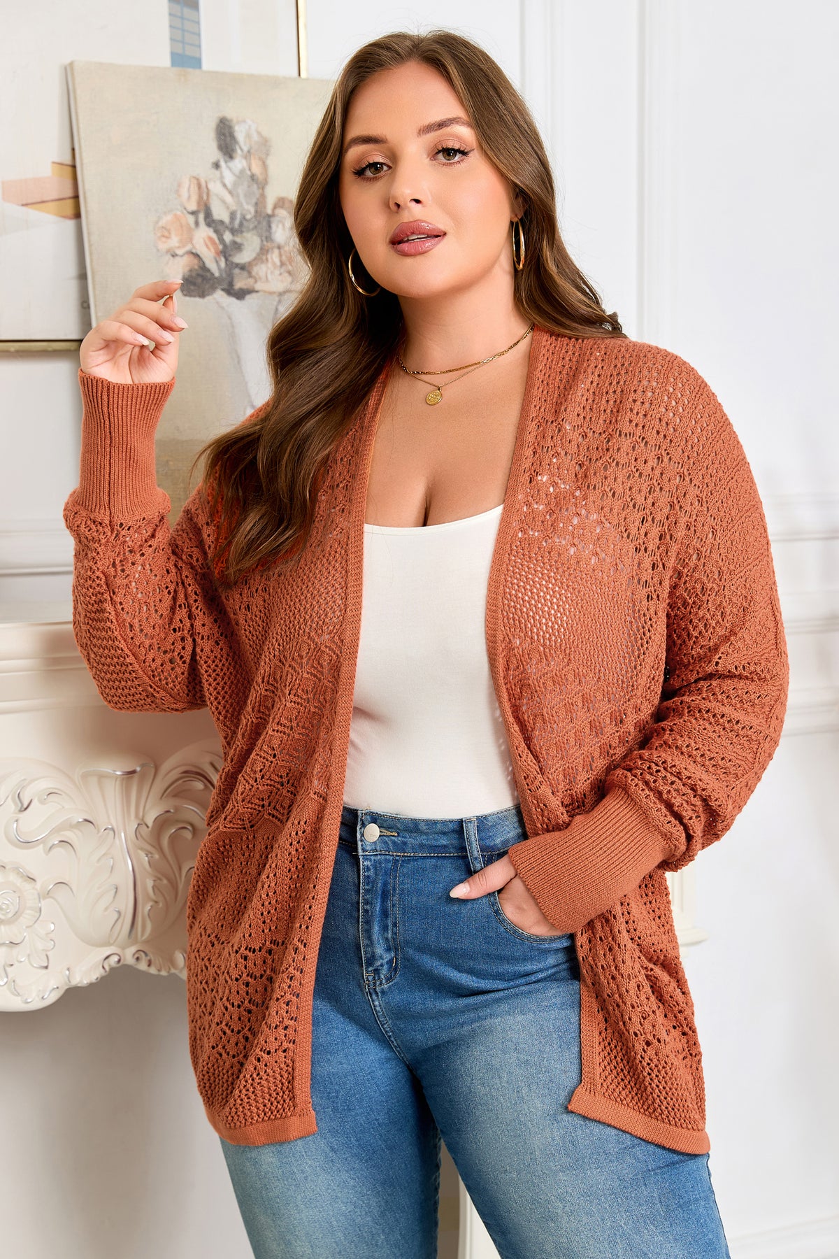Redwood Burl Mixed Pattern Knitted Open-Front Plus Cardigan