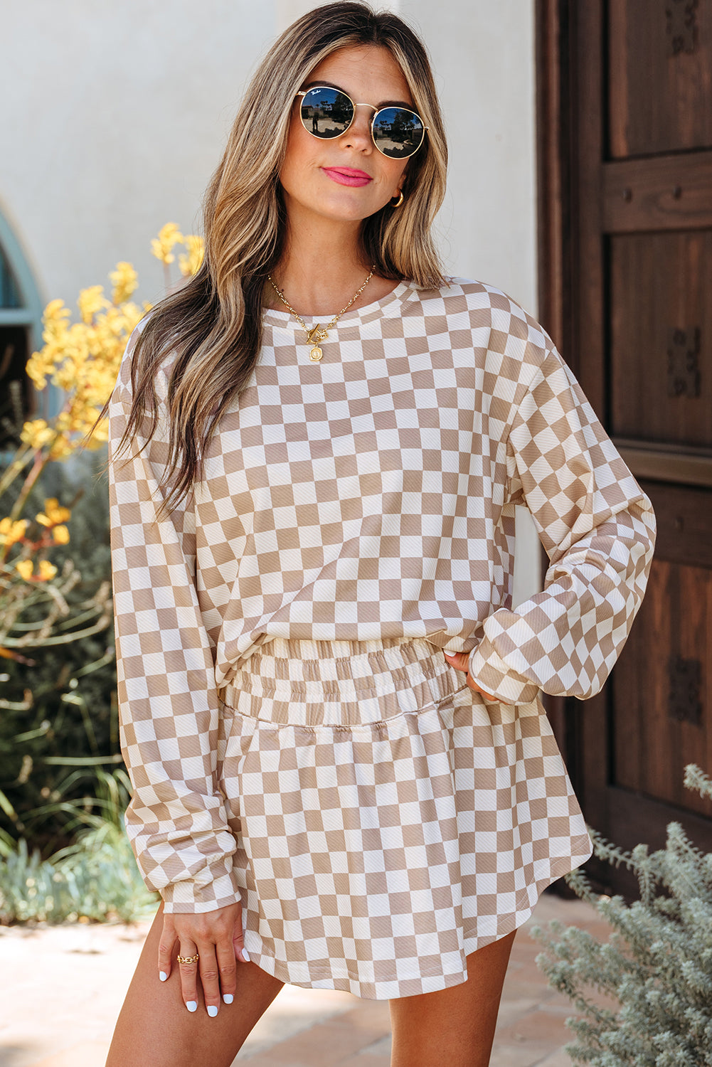 Women's Khaki Checkered Long-Sleeve Crop Top High-Waist Skort Two-Piece Set