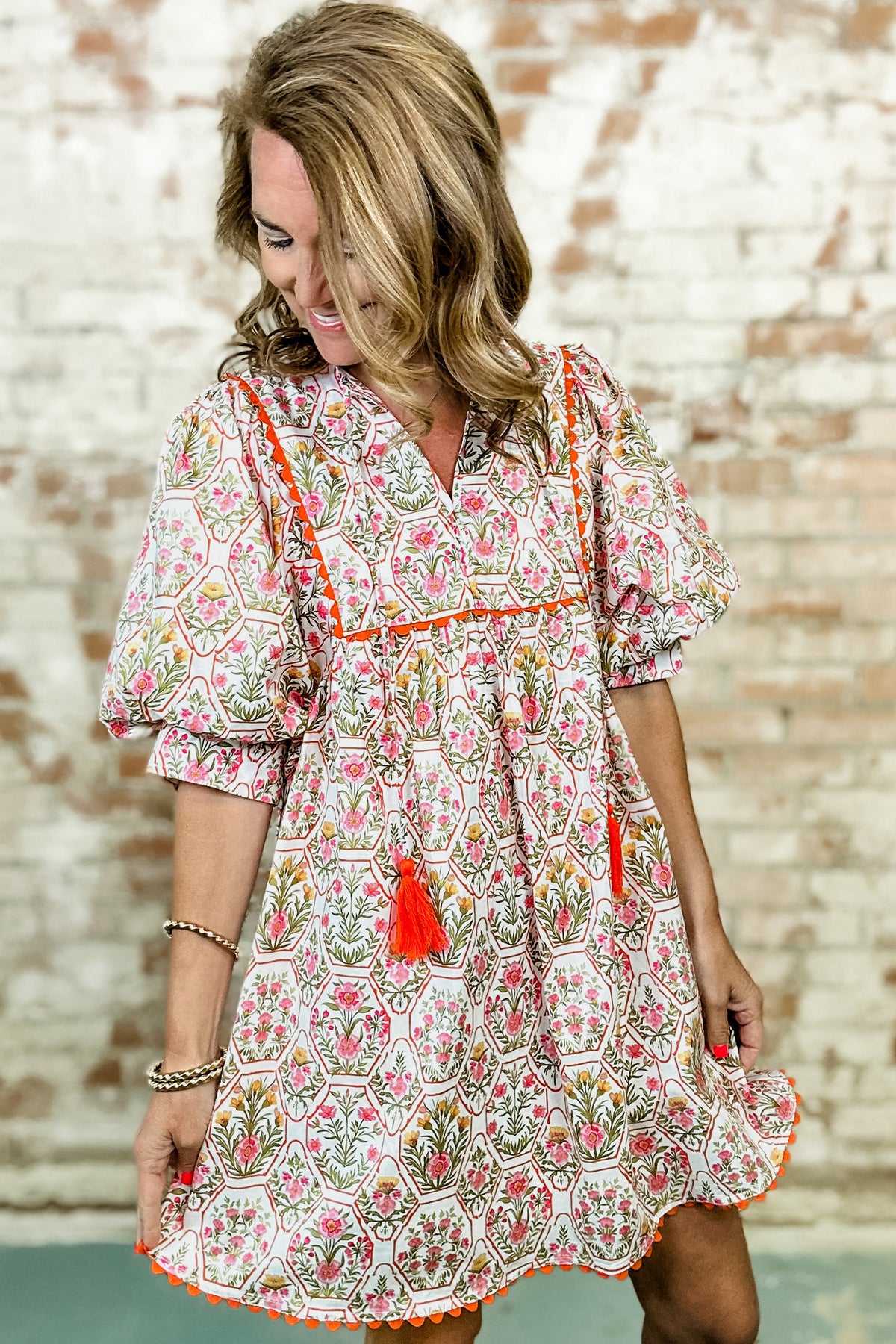 Pink Floral Print Tassel Tie V Neck Scalloped Detail Mini Dress