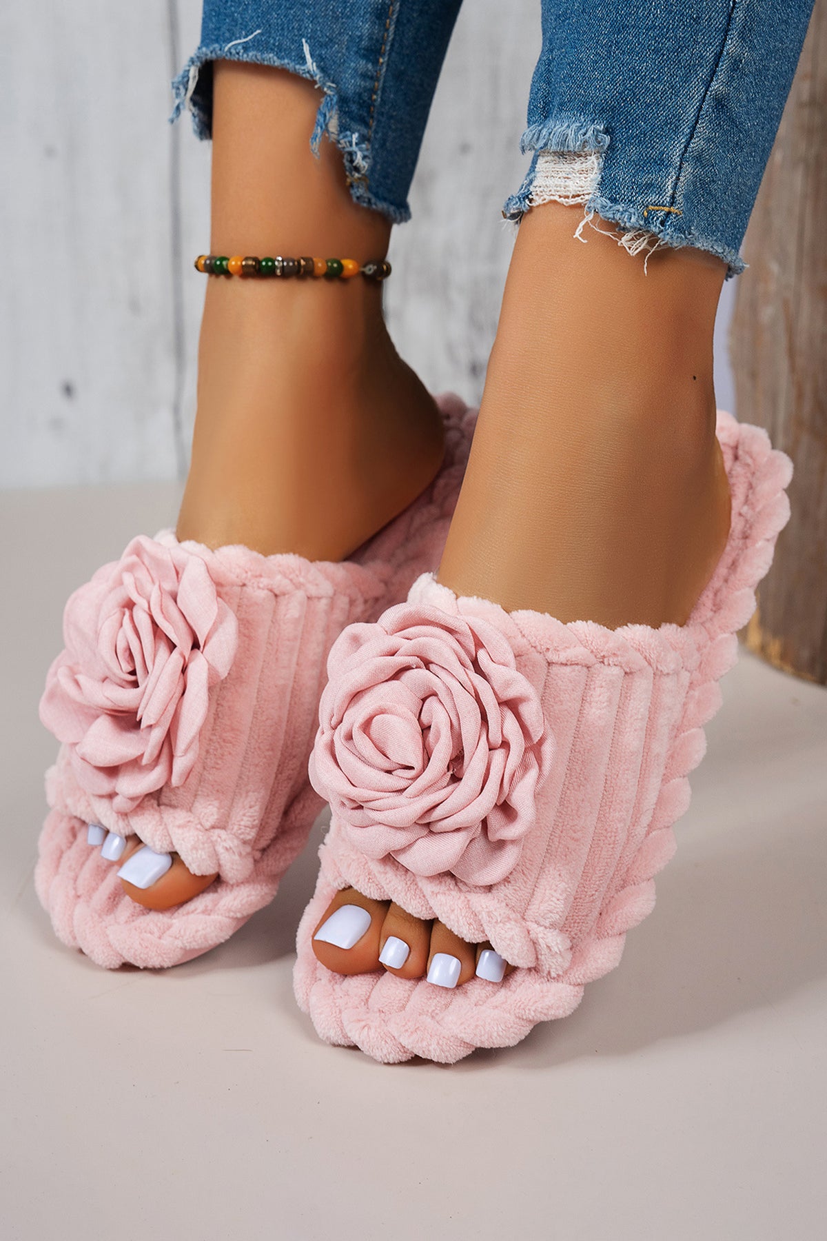 Pink 3D Flower Accent Corded Ribbed Open-Toe Sandals