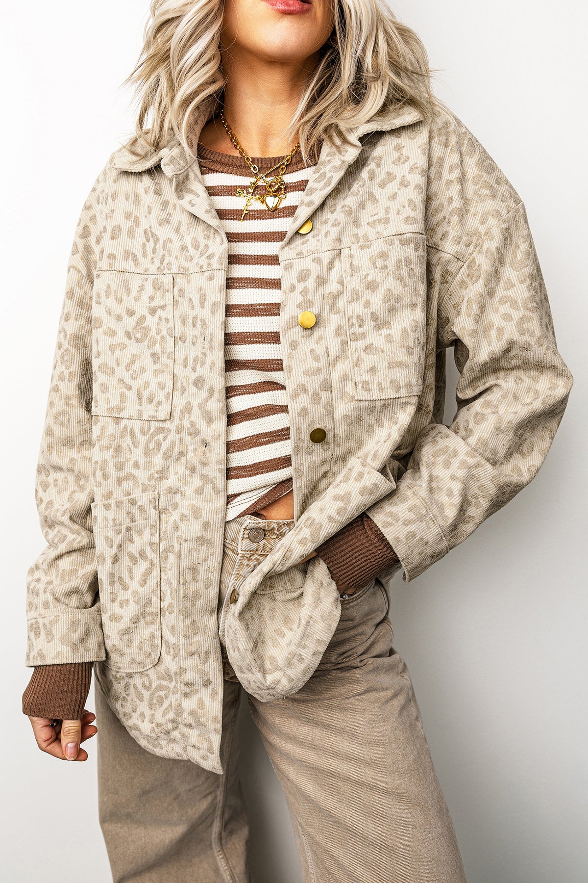 Khaki Leopard Print Corduroy Shirt Collar Long Sleeve Jacket