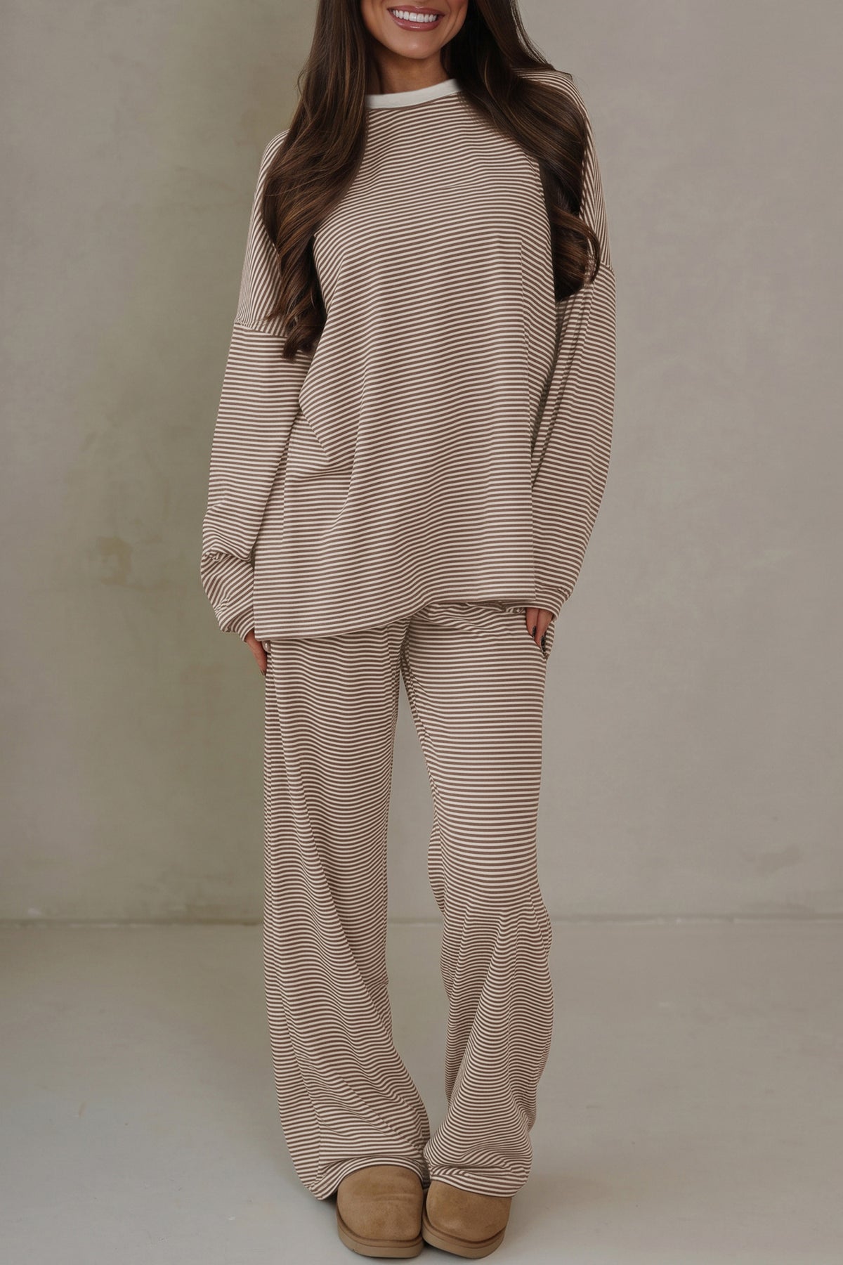 Women's Blue Stripe Contrast Trim Round Neck Oversize Long-Sleeve Top Two-Piece Pants Set