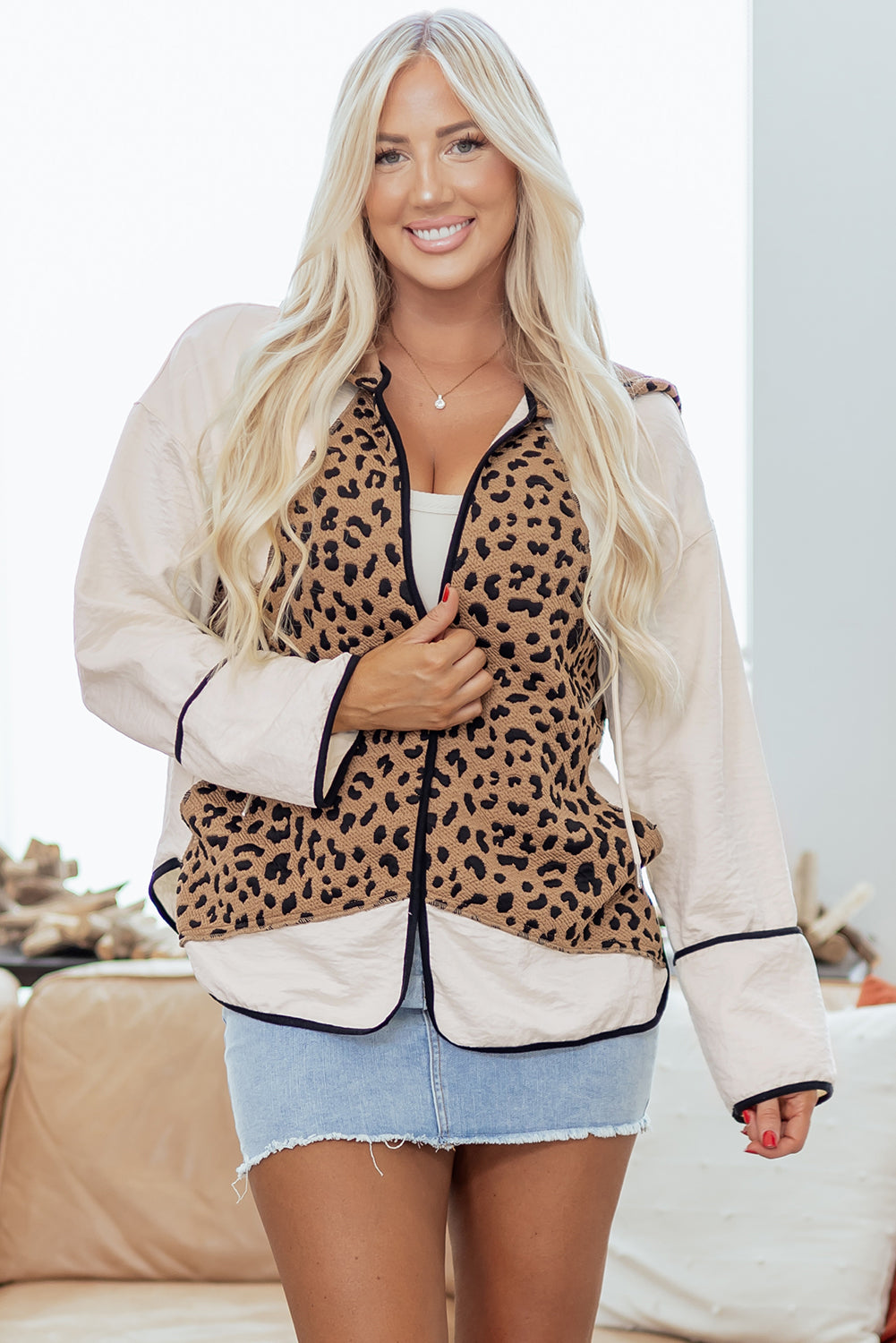 Brown Leopard Star Hooded Patchwork Contrast Piping Open Front Jacket