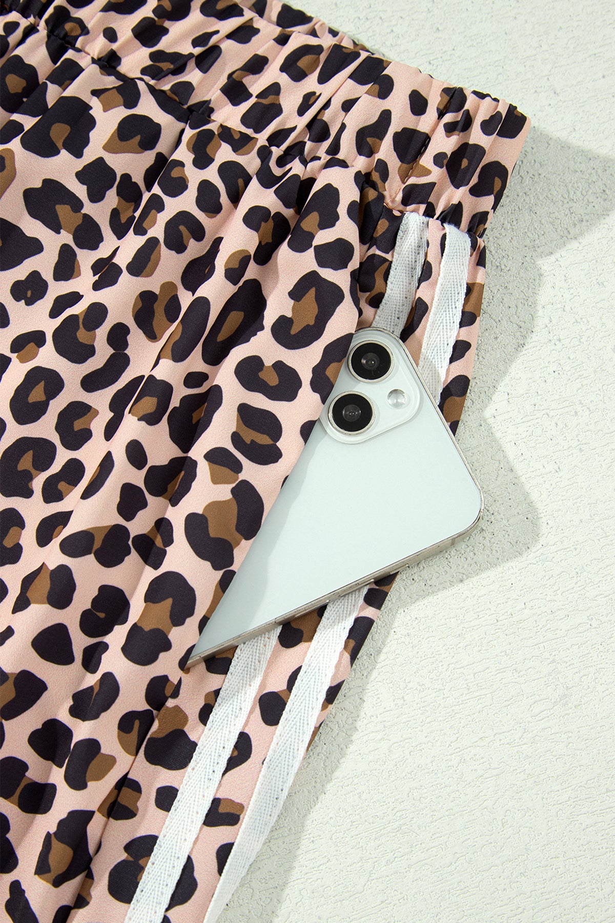 Beige Leopard Print Side Striped Casual Wide Leg Pants