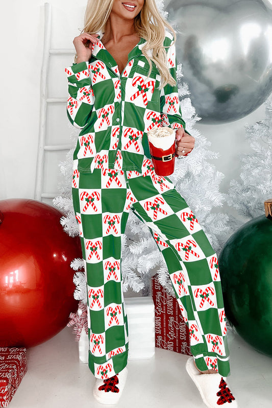 Green Holly Jolly Checkered Pattern Long Pajama Set