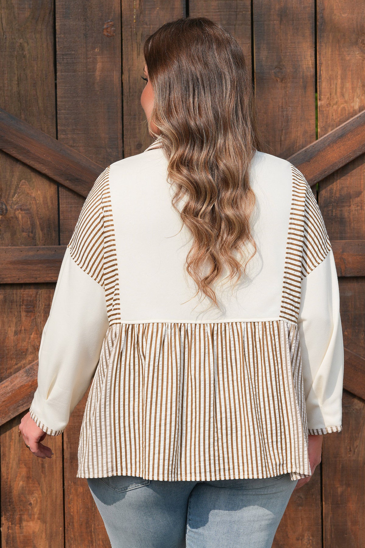Khaki Stripe Plus Size Color-Block Patchwork Half Button Long-Sleeve Peplum Blouse